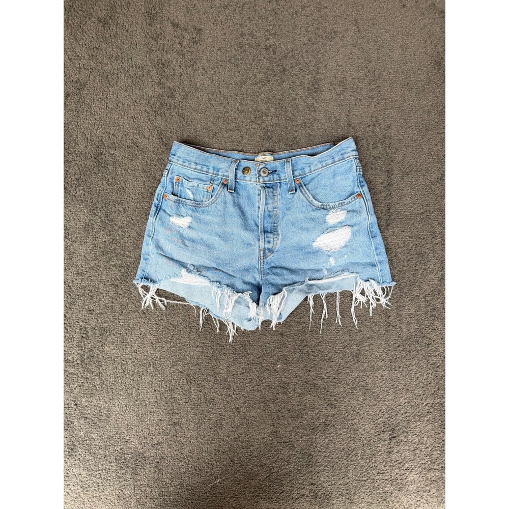 Levis 501 Original Distressed Denim Shorts Light Wash Blue W28 High Rise Cut Off
